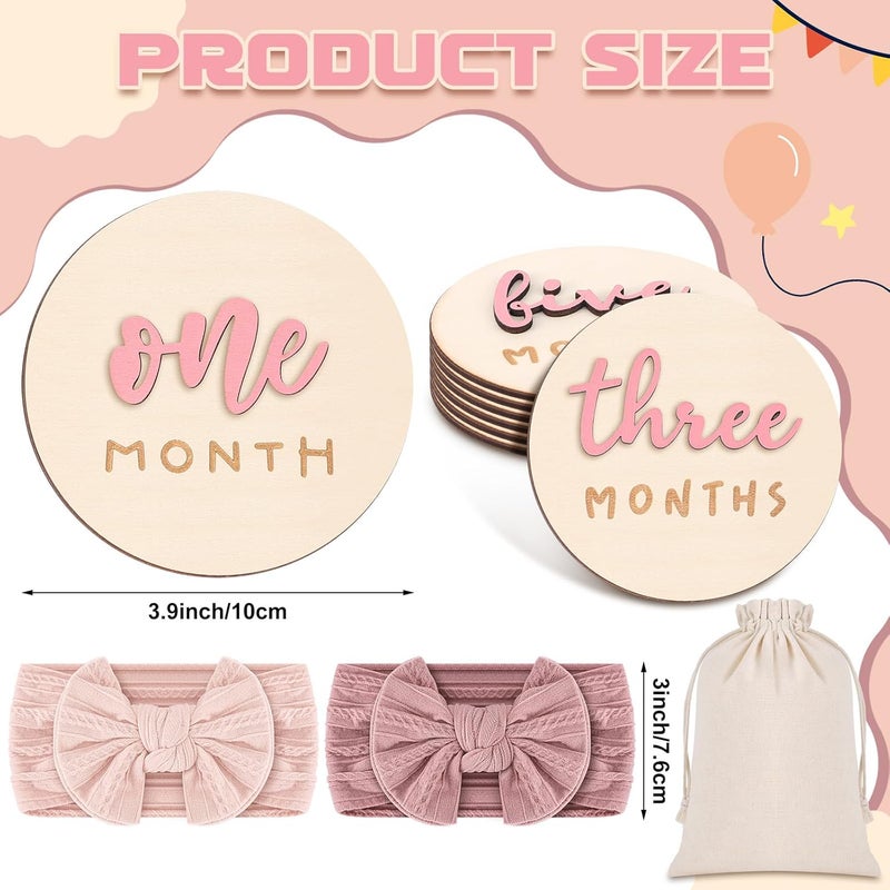 Booson 6 Pack 3D Pink Monthly Baby Milestone Announcement Sign with 2 Pack Bow Headbands Double Sided Newborn Signs Wooden Discs for Welcome Newborn Shower Boy Girl Photo Props - Image 2